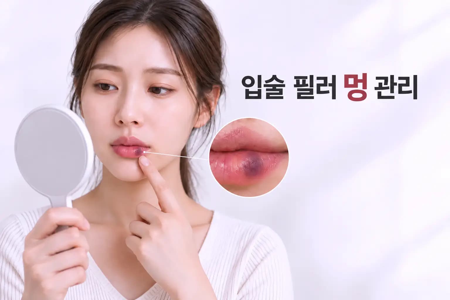 입술필러 후 입술 상태를 거울로 확인하는 모습
