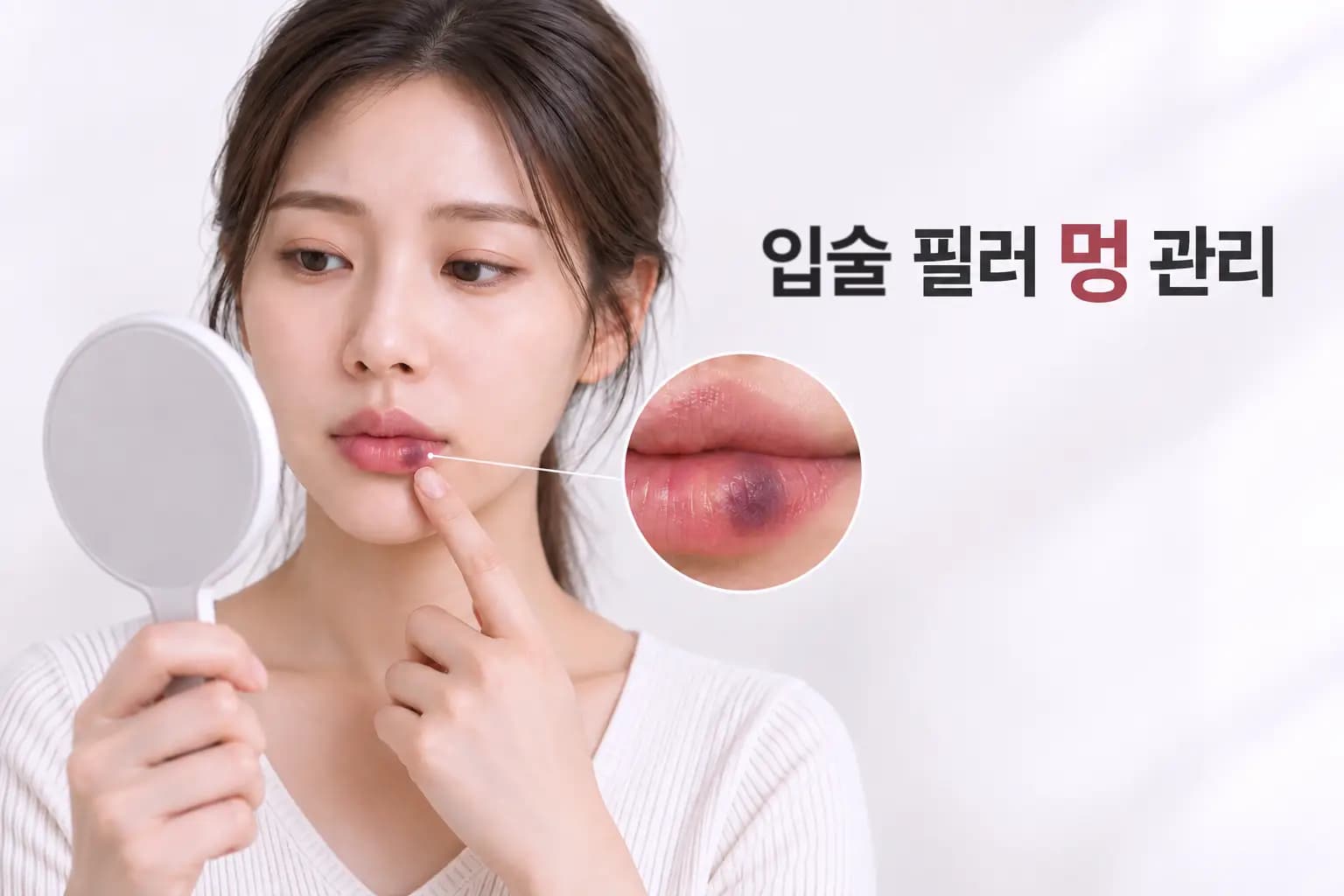 입술필러 후 입술 상태를 거울로 확인하는 모습