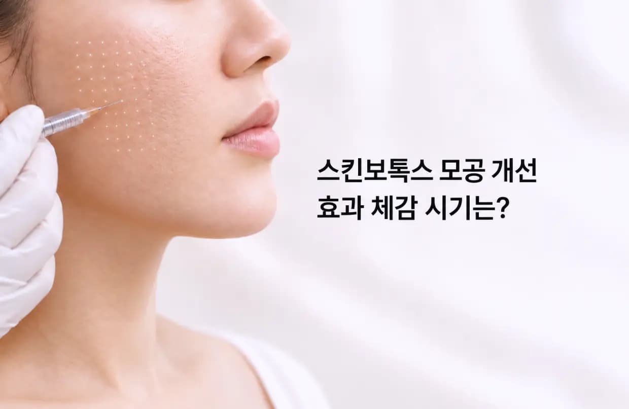 스킨보톡스 시술을 받는 여성의 뺨 부위 클로즈업 사진과 모공 개선 효과 체감 시기 질문 썸네일