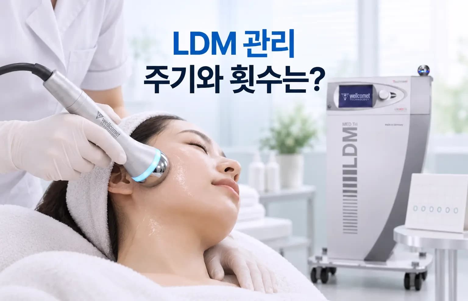 LDM 초음파 핸드피스가 볼 피부에 닿는 장면과 회차 달력을 조합한 LDM 관리 주기 썸네일